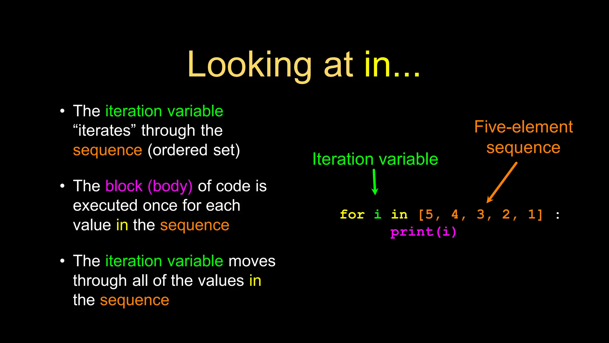 Looking at in...
• The iteration variable
“iterates” through the
sequence (ordered set)
• The block (body) of code is
executed once for each
value in the sequence
• The iteration variable moves
through all of the values in
the sequence
for i in [5, 4, 3, 2, 1] :
print(i)
Iteration variable
Five-element
sequence
 