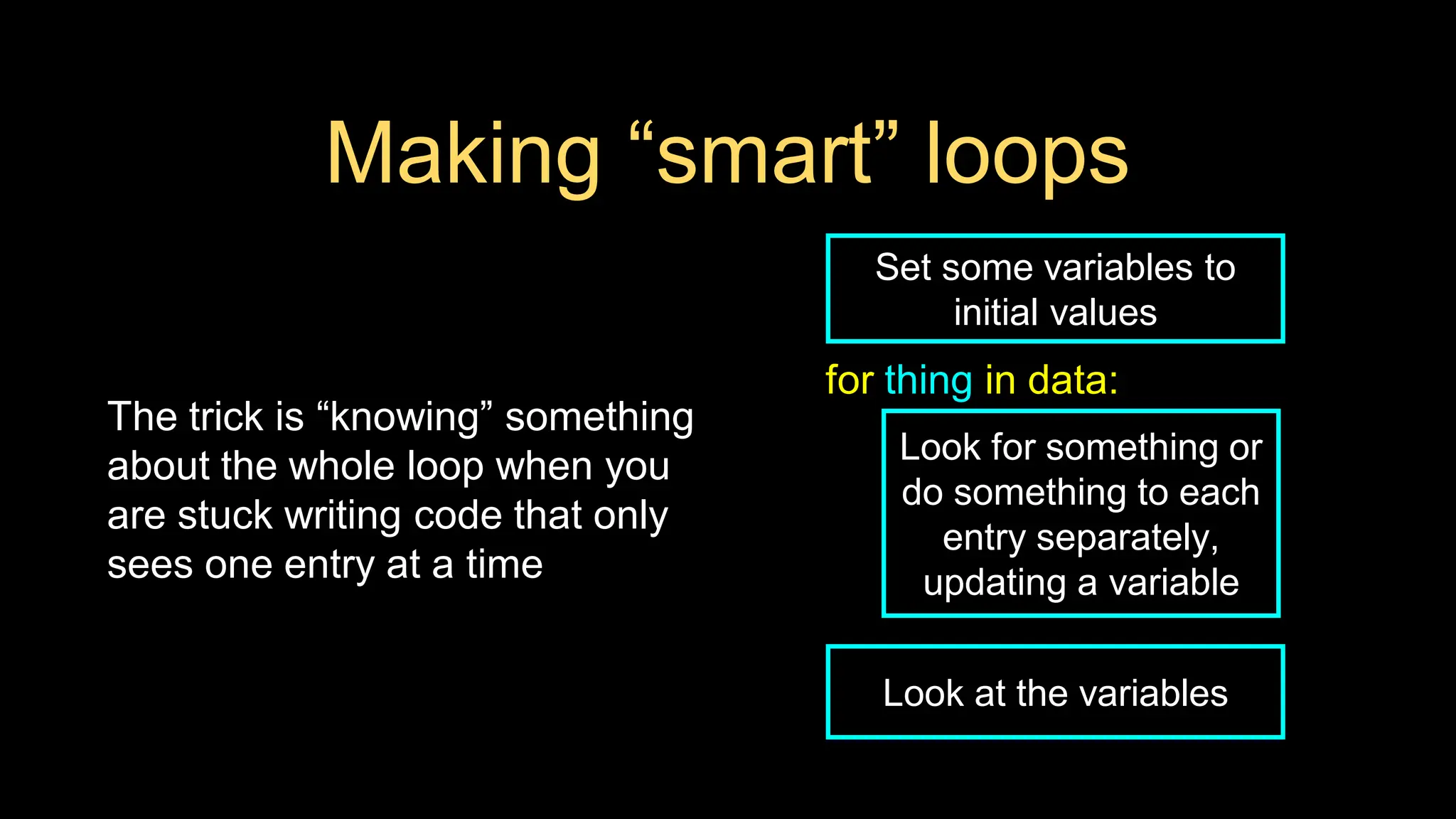 Making “smart” loops
The trick is “knowing” something
about the whole loop when you
are stuck writing code that only
sees one entry at a time
Set some variables to
initial values
Look for something or
do something to each
entry separately,
updating a variable
for thing in data:
Look at the variables
 