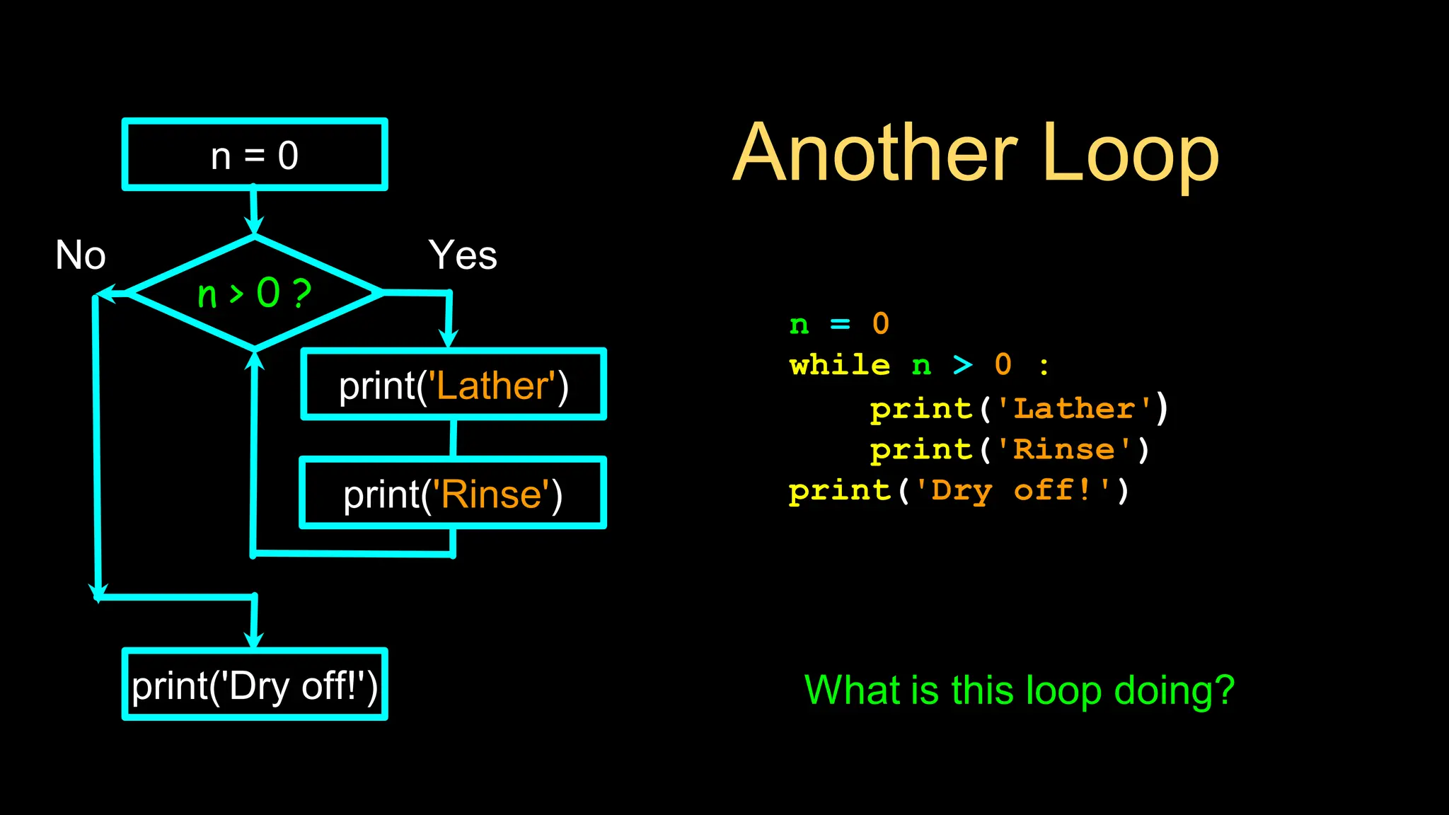 Another Loop
n = 0
while n > 0 :
print('Lather')
print('Rinse')
print('Dry off!')
n > 0 ?
No
print('Dry off!')
Yes
n = 0
print('Lather')
print('Rinse')
What is this loop doing?
 