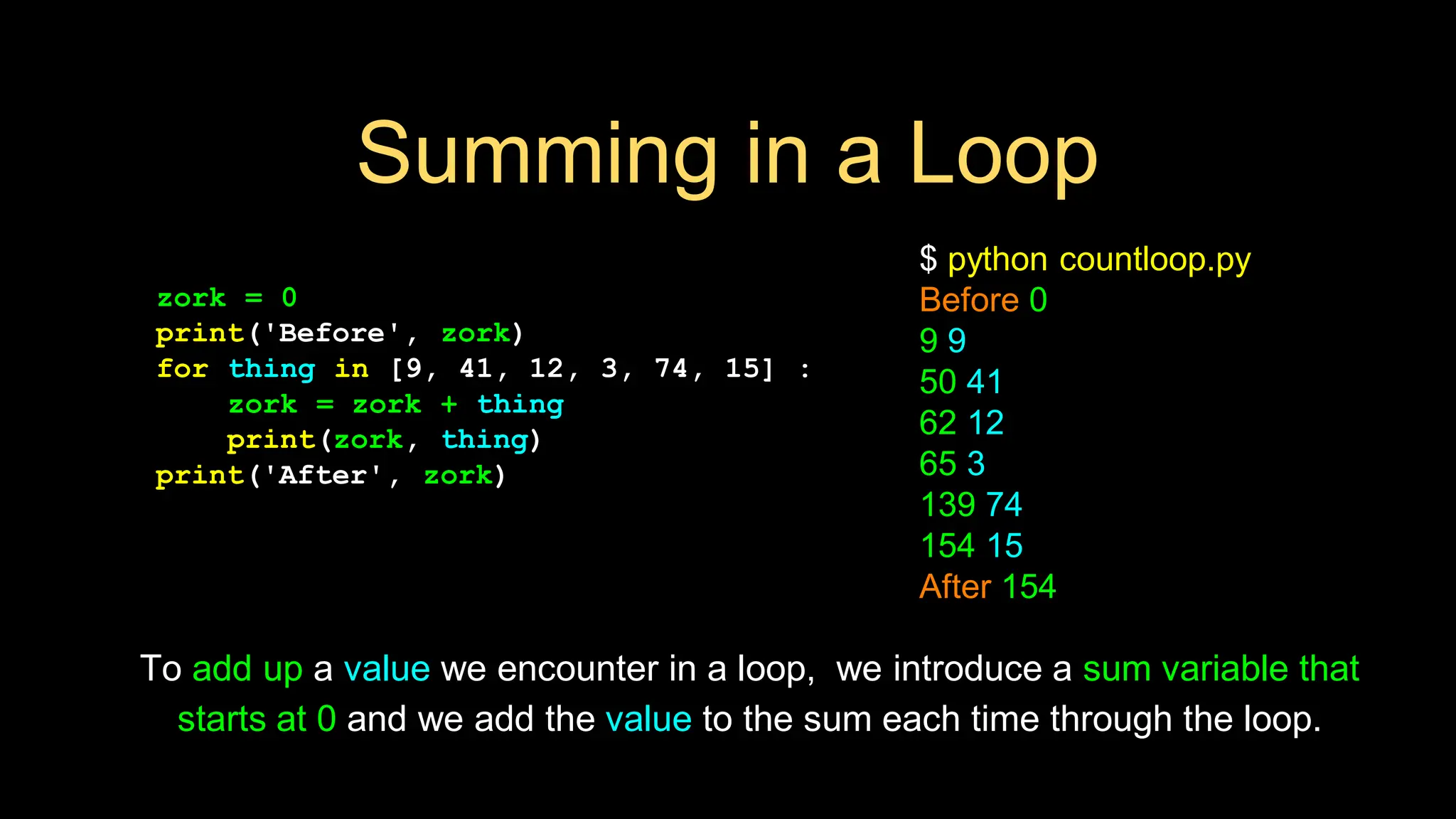 Summing in a Loop
zork = 0
print('Before', zork)
for thing in [9, 41, 12, 3, 74, 15] :
zork = zork + thing
print(zork, thing)
print('After', zork)
$ python countloop.py
Before 0
9 9
50 41
62 12
65 3
139 74
154 15
After 154
To add up a value we encounter in a loop, we introduce a sum variable that
starts at 0 and we add the value to the sum each time through the loop.
 