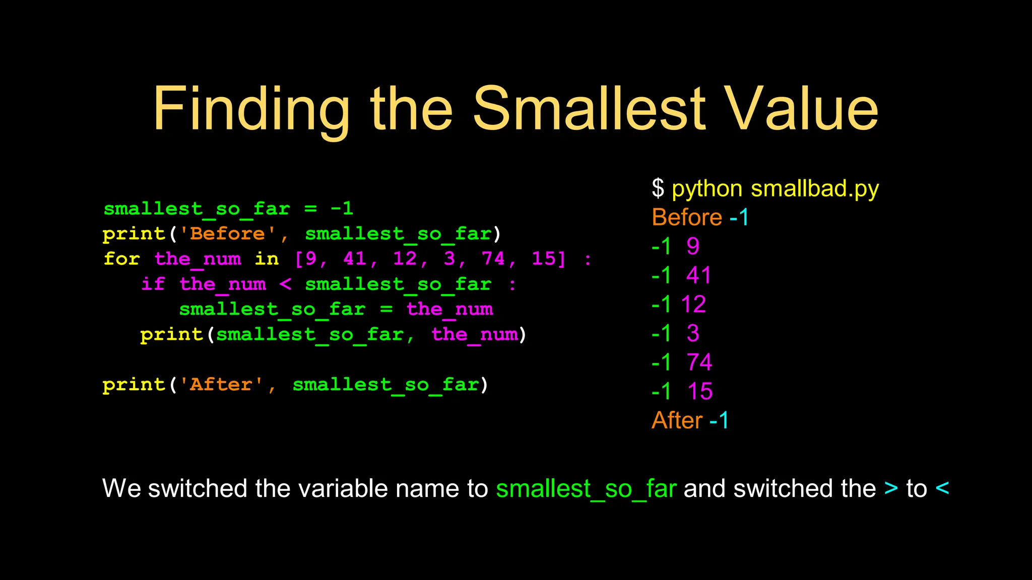 Finding the Smallest Value
smallest_so_far = -1
print('Before', smallest_so_far)
for the_num in [9, 41, 12, 3, 74, 15] :
if the_num < smallest_so_far :
smallest_so_far = the_num
print(smallest_so_far, the_num)
print('After', smallest_so_far)
We switched the variable name to smallest_so_far and switched the > to <
$ python smallbad.py
Before -1
-1 9
-1 41
-1 12
-1 3
-1 74
-1 15
After -1
 