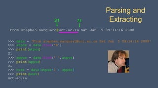 >>> data = 'From stephen.marquard@uct.ac.za Sat Jan 5 09:14:16 2008'
>>> atpos = data.find('@')
>>> print(atpos)
21
>>> sppos = data.find(' ',atpos)
>>> print(sppos)
31
>>> host = data[atpos+1 : sppos]
>>> print(host)
uct.ac.za
From stephen.marquard@uct.ac.za Sat Jan 5 09:14:16 2008
21 31
Parsing and
Extracting
 