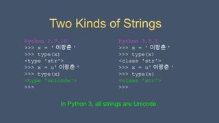 Two Kinds of Strings
Python 3.5.1
>>> x = ' 이광춘 '
>>> type(x)
<class 'str'>
>>> x = u' 이광춘 '
>>> type(x)
<class 'str'>
>>>
Python 2.7.10
>>> x = ' 이광춘 '
>>> type(x)
<type 'str'>
>>> x = u' 이광춘 '
>>> type(x)
<type 'unicode'>
>>>
In Python 3, all strings are Unicode
 