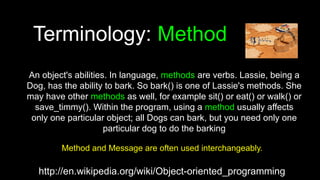 Terminology: Method
An object's abilities. In language, methods are verbs. Lassie, being a
Dog, has the ability to bark. So bark() is one of Lassie's methods. She
may have other methods as well, for example sit() or eat() or walk() or
save_timmy(). Within the program, using a method usually affects
only one particular object; all Dogs can bark, but you need only one
particular dog to do the barking
Method and Message are often used interchangeably.
http://en.wikipedia.org/wiki/Object-oriented_programming
 