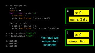 class PartyAnimal:
x = 0
name = ""
def __init__(self, z):
self.name = z
print(self.name,"constructed")
def party(self) :
self.x = self.x + 1
print(self.name,"party count",self.x)
s = PartyAnimal("Sally")
j = PartyAnimal("Jim")
s.party()
j.party()
s.party()
s
x: 0
name: Sally
j
x: 0
name: Jim
We have two
independent
instances
 