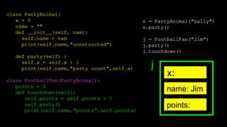 class PartyAnimal:
x = 0
name = ""
def __init__(self, nam):
self.name = nam
print(self.name,"constructed")
def party(self) :
self.x = self.x + 1
print(self.name,"party count",self.x)
class FootballFan(PartyAnimal):
points = 0
def touchdown(self):
self.points = self.points + 7
self.party()
print(self.name,"points",self.points)
s = PartyAnimal("Sally")
s.party()
j = FootballFan("Jim")
j.party()
j.touchdown()
x:
name: Jim
points:
j
 