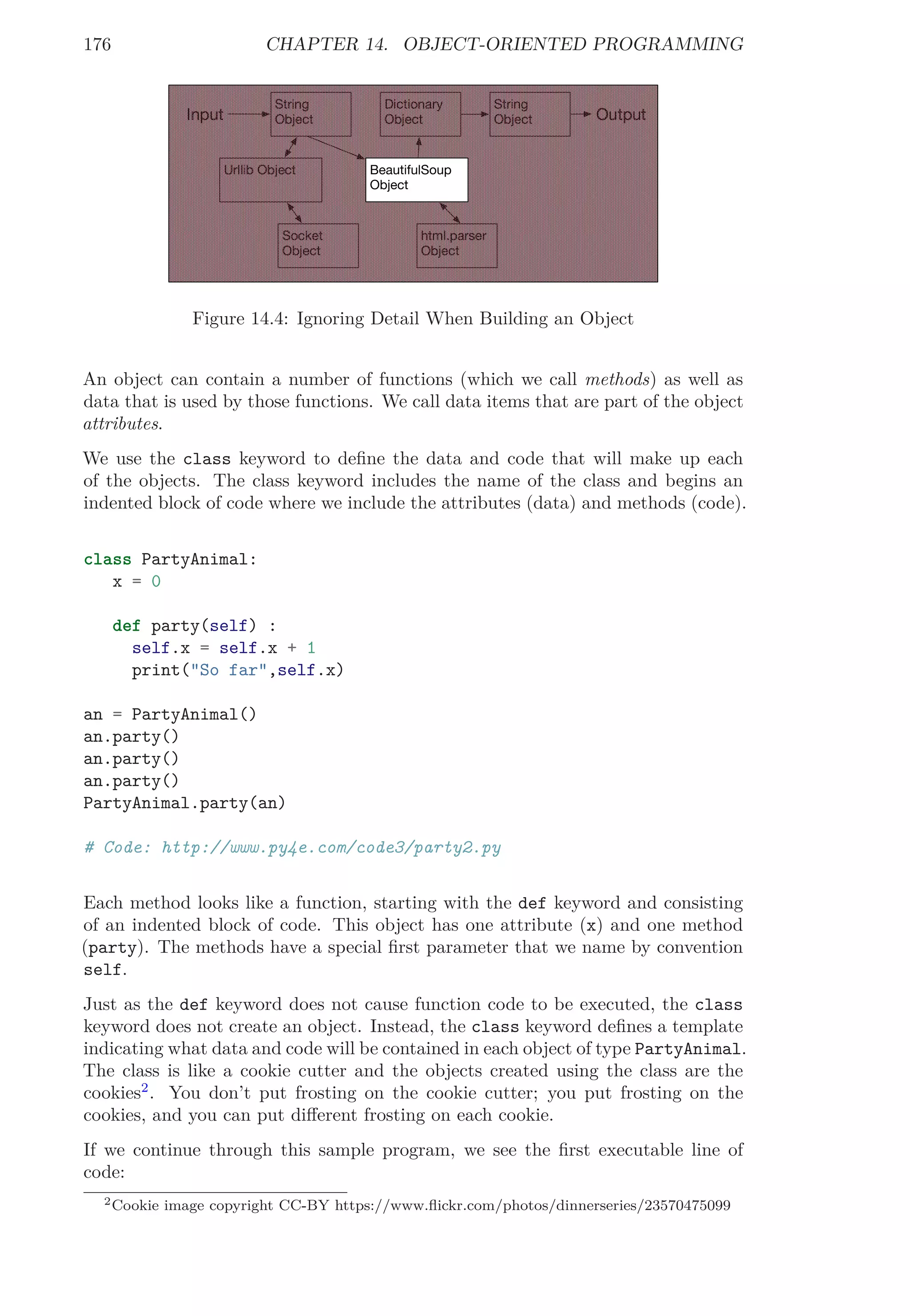 176 CHAPTER 14. OBJECT-ORIENTED PROGRAMMING
String
Object OutputInput
Dictionary
Object
String
Object
Socket
Object
Urllib Object
html.parser
Object
BeautifulSoup
Object
Figure 14.4: Ignoring Detail When Building an Object
An object can contain a number of functions (which we call methods) as well as
data that is used by those functions. We call data items that are part of the object
attributes.
We use the class keyword to deﬁne the data and code that will make up each
of the objects. The class keyword includes the name of the class and begins an
indented block of code where we include the attributes (data) and methods (code).
class PartyAnimal:
x = 0
def party(self) :
self.x = self.x + 1
print("So far",self.x)
an = PartyAnimal()
an.party()
an.party()
an.party()
PartyAnimal.party(an)
# Code: http://www.py4e.com/code3/party2.py
Each method looks like a function, starting with the def keyword and consisting
of an indented block of code. This object has one attribute (x) and one method
(party). The methods have a special ﬁrst parameter that we name by convention
self.
Just as the def keyword does not cause function code to be executed, the class
keyword does not create an object. Instead, the class keyword deﬁnes a template
indicating what data and code will be contained in each object of type PartyAnimal.
The class is like a cookie cutter and the objects created using the class are the
cookies2
. You don’t put frosting on the cookie cutter; you put frosting on the
cookies, and you can put diﬀerent frosting on each cookie.
If we continue through this sample program, we see the ﬁrst executable line of
code:
2Cookie image copyright CC-BY https://www.ﬂickr.com/photos/dinnerseries/23570475099
 