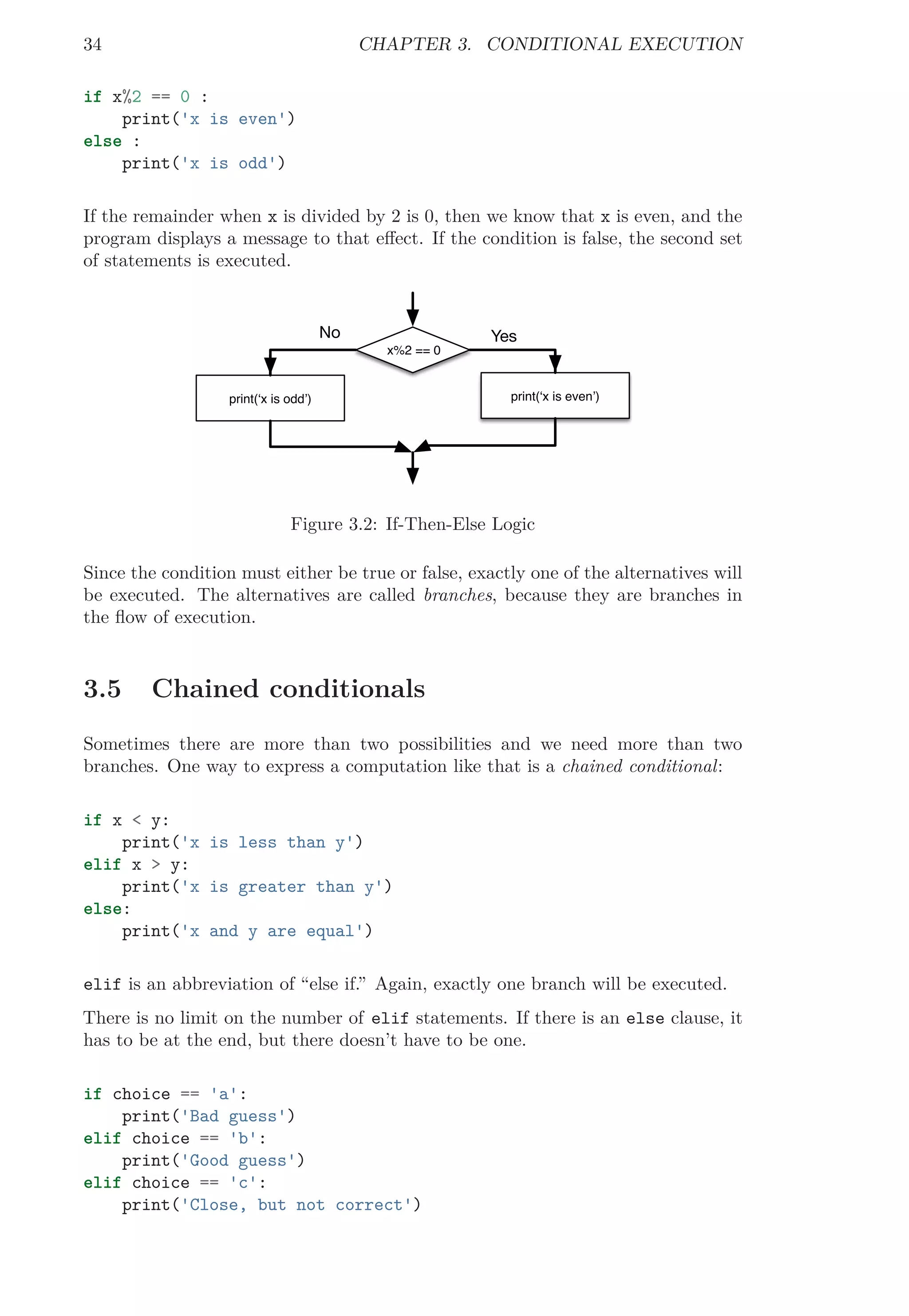 34 CHAPTER 3. CONDITIONAL EXECUTION
if x%2 == 0 :
print('x is even')
else :
print('x is odd')
If the remainder when x is divided by 2 is 0, then we know that x is even, and the
program displays a message to that eﬀect. If the condition is false, the second set
of statements is executed.
x%2 == 0
print(‘x is even’)
Yes
print(‘x is odd’)
No
Figure 3.2: If-Then-Else Logic
Since the condition must either be true or false, exactly one of the alternatives will
be executed. The alternatives are called branches, because they are branches in
the ﬂow of execution.
3.5 Chained conditionals
Sometimes there are more than two possibilities and we need more than two
branches. One way to express a computation like that is a chained conditional:
if x < y:
print('x is less than y')
elif x > y:
print('x is greater than y')
else:
print('x and y are equal')
elif is an abbreviation of “else if.” Again, exactly one branch will be executed.
There is no limit on the number of elif statements. If there is an else clause, it
has to be at the end, but there doesn’t have to be one.
if choice == 'a':
print('Bad guess')
elif choice == 'b':
print('Good guess')
elif choice == 'c':
print('Close, but not correct')
 