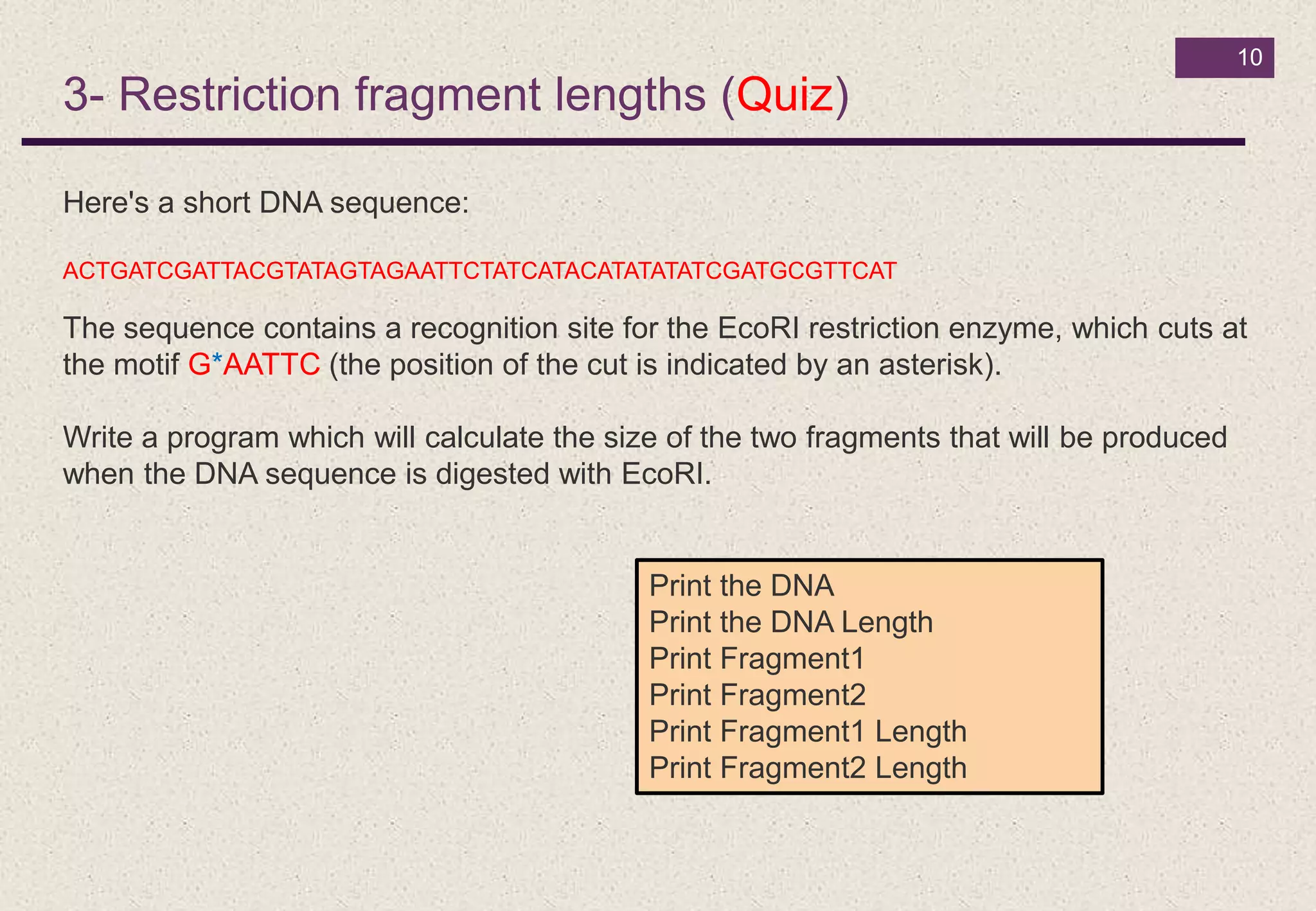 10
3- Restriction fragment lengths (Quiz)
Here's a short DNA sequence:
ACTGATCGATTACGTATAGTAGAATTCTATCATACATATATATCGATGCGTTCAT
The sequence contains a recognition site for the EcoRI restriction enzyme, which cuts at
the motif G*AATTC (the position of the cut is indicated by an asterisk).
Write a program which will calculate the size of the two fragments that will be produced
when the DNA sequence is digested with EcoRI.
Print the DNA
Print the DNA Length
Print Fragment1
Print Fragment2
Print Fragment1 Length
Print Fragment2 Length
 