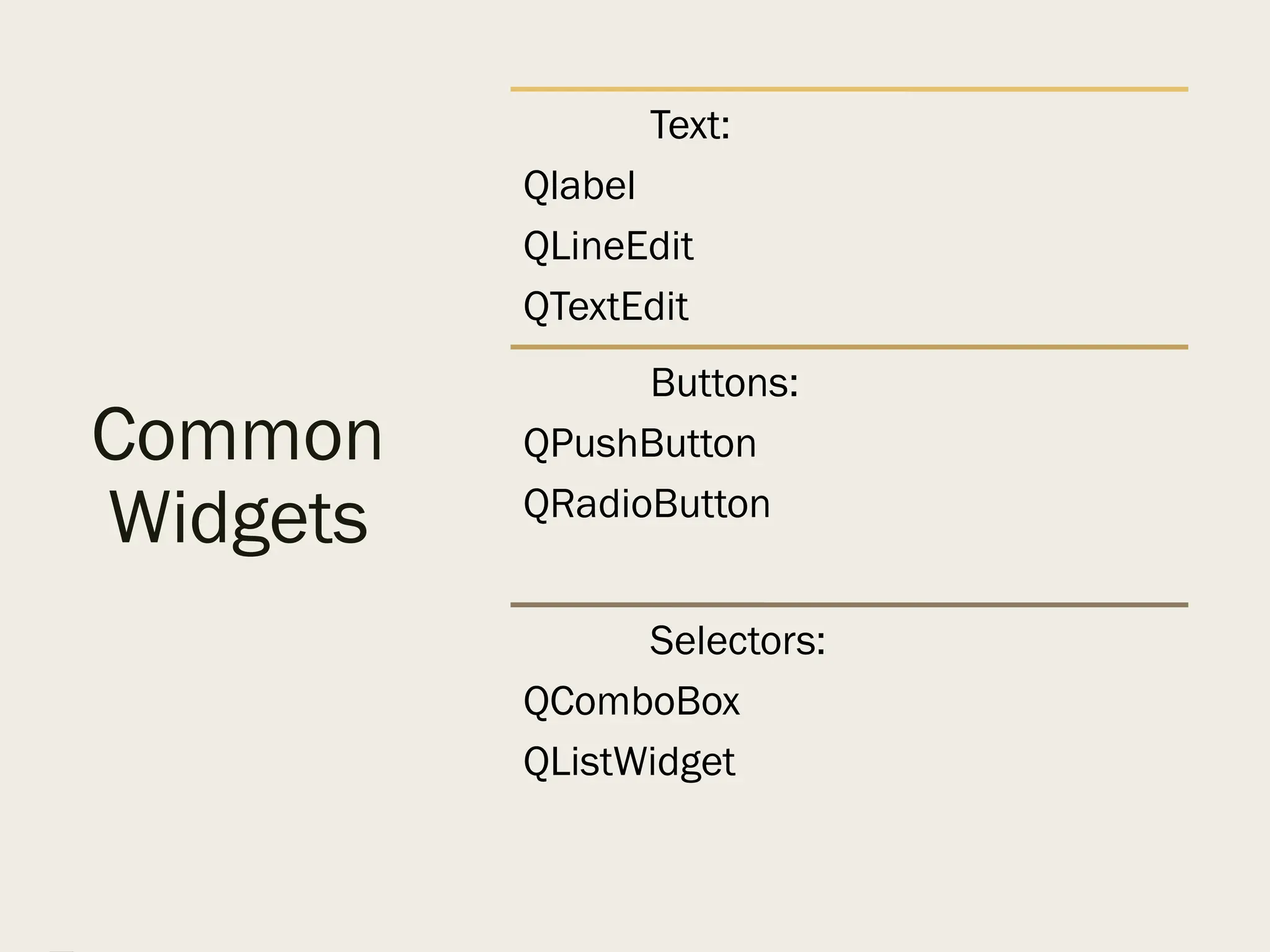 Common
Widgets
Text:
Qlabel
QLineEdit
QTextEdit
Buttons:
QPushButton
QRadioButton
Selectors:
QComboBox
QListWidget
 