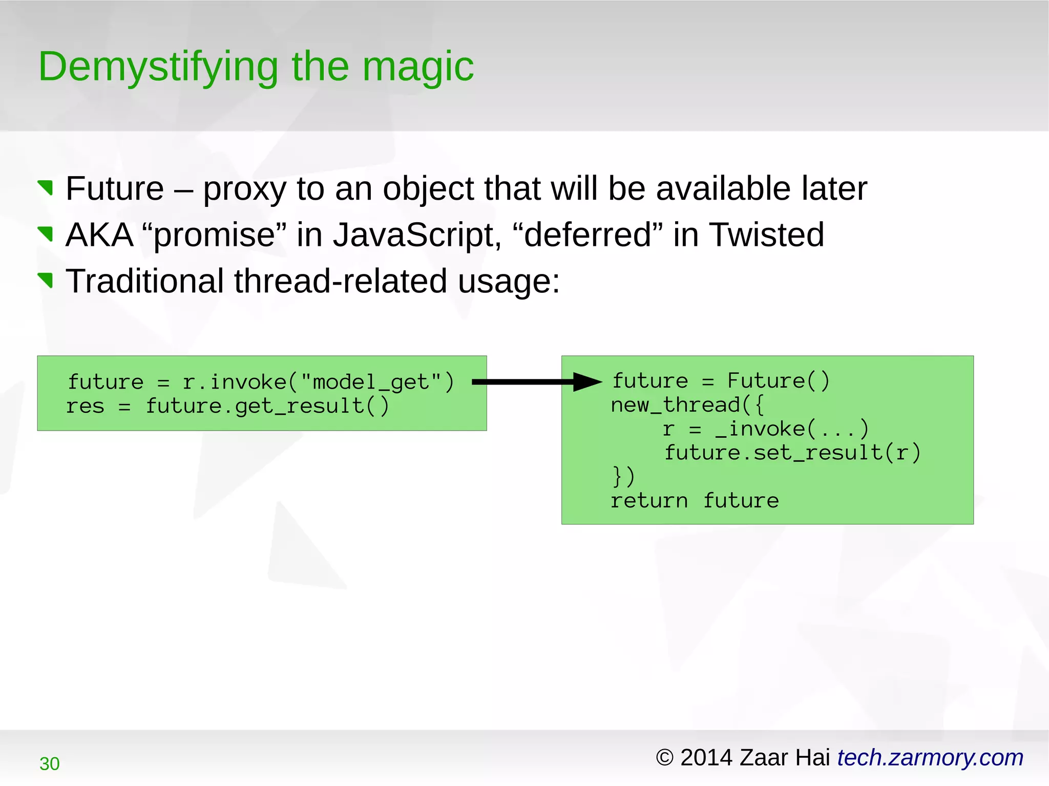 Demystifying the magic 
Future – proxy to an object that will be available later 
AKA “promise” in JavaScript, “deferred” in Twisted 
Traditional thread-related usage: 
future = r.invoke("model_get") 
res = future.get_result() 
future = Future() 
new_thread({ 
r = _invoke(...) 
future.set_result(r) 
}) 
return future 
30 © 2014 Zaar Hai tech.zarmory.com 
 