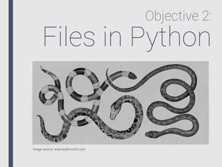 Objective 2:
Files in Python
Image source: www.katie-scott.com
 