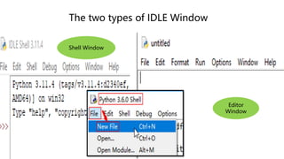 The two types of IDLE Window
Editor
Window
Shell Window
 