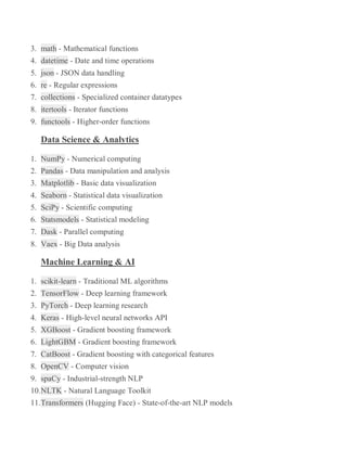 3. math - Mathematical functions
4. datetime - Date and time operations
5. json - JSON data handling
6. re - Regular expressions
7. collections - Specialized container datatypes
8. itertools - Iterator functions
9. functools - Higher-order functions
Data Science & Analytics
1. NumPy - Numerical computing
2. Pandas - Data manipulation and analysis
3. Matplotlib - Basic data visualization
4. Seaborn - Statistical data visualization
5. SciPy - Scientific computing
6. Statsmodels - Statistical modeling
7. Dask - Parallel computing
8. Vaex - Big Data analysis
Machine Learning & AI
1. scikit-learn - Traditional ML algorithms
2. TensorFlow - Deep learning framework
3. PyTorch - Deep learning research
4. Keras - High-level neural networks API
5. XGBoost - Gradient boosting framework
6. LightGBM - Gradient boosting framework
7. CatBoost - Gradient boosting with categorical features
8. OpenCV - Computer vision
9. spaCy - Industrial-strength NLP
10.NLTK - Natural Language Toolkit
11.Transformers (Hugging Face) - State-of-the-art NLP models
 