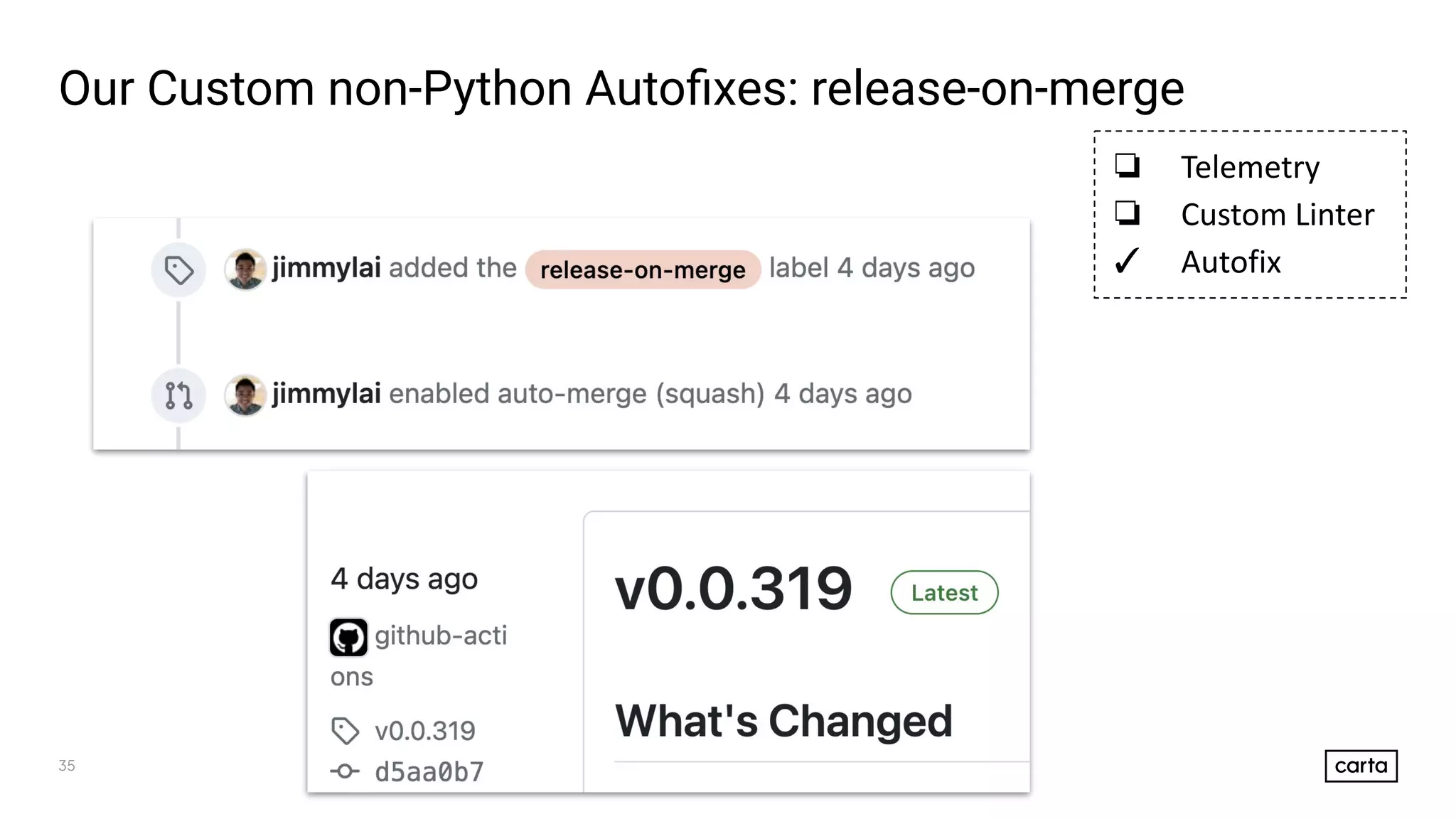 35
Our Custom non-Python Autoﬁxes: release-on-merge
❏ Telemetry
❏ Custom Linter
✓ Autofix
 
