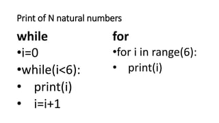 Print of N natural numbers
while
•i=0
•while(i<6):
• print(i)
• i=i+1
for
•for i in range(6):
• print(i)
 