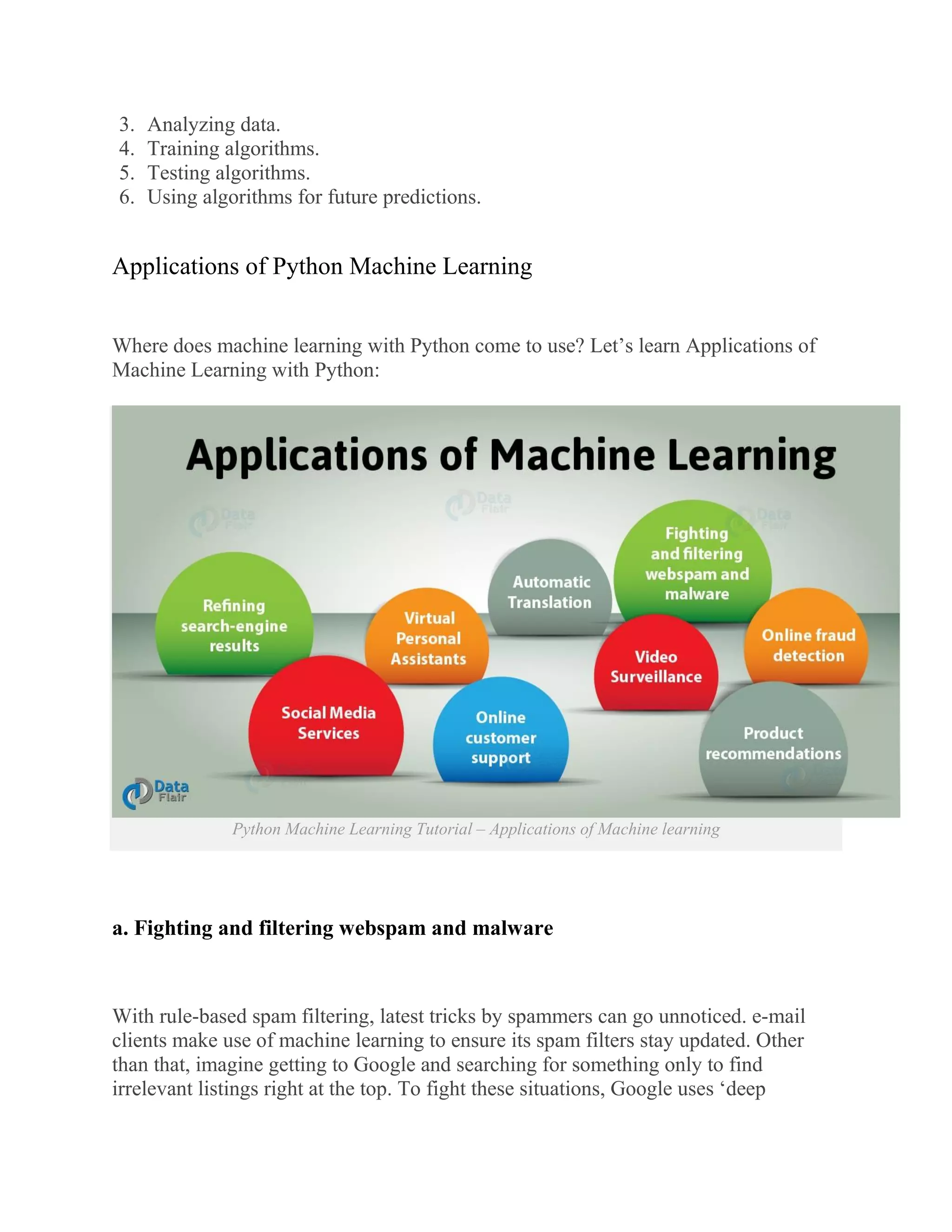 3. Analyzing data.
4. Training algorithms.
5. Testing algorithms.
6. Using algorithms for future predictions.
Applications of Python Machine Learning
Where does machine learning with Python come to use? Let’s learn Applications of
Machine Learning with Python:
Python Machine Learning Tutorial – Applications of Machine learning
a. Fighting and filtering webspam and malware
With rule-based spam filtering, latest tricks by spammers can go unnoticed. e-mail
clients make use of machine learning to ensure its spam filters stay updated. Other
than that, imagine getting to Google and searching for something only to find
irrelevant listings right at the top. To fight these situations, Google uses ‘deep
 