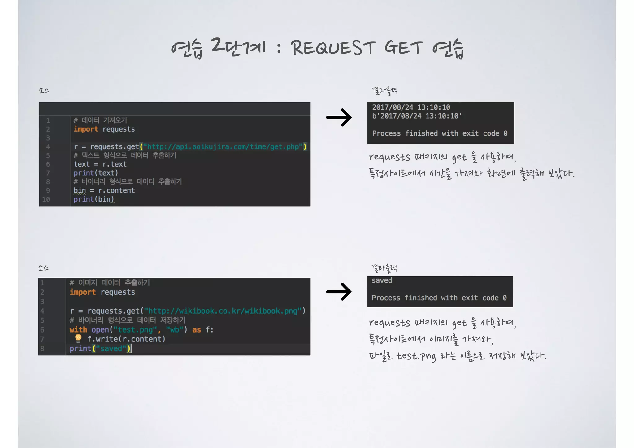 연습 2단계 : REQUEST GET 연습 결과출력소스 결과출력소스 requests 패키지의 get 을 사용하여, 특정사이트에서 시간을 가져와 화면에 출력해 보았다. requests 패키지의 get 을 사용하여, 특정사이트에서 이미지를 가져와, 파일로 test.png 라는 이름으로 저장해 보았다. 