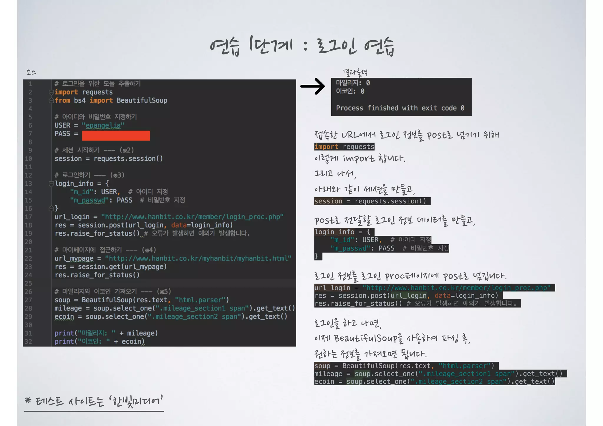 연습 1단계 : 로그인 연습 결과출력소스 접속한 URL에서 로그인 정보를 post로 넘기기 위해 import requests 이렇게 import 합니다. 그리고 나서, 아래와 같이 세션을 만들고, session = requests.session() post로 전달할 로그인 정보 데이터를 만들고, login_info = { "m_id": USER, # 아이디 지정 "m_passwd": PASS # 비밀번호 지정 } 로그인 정보를 로그인 proc페이지에 post로 넘깁니다. url_login = "http://www.hanbit.co.kr/member/login_proc.php" res = session.post(url_login, data=login_info) res.raise_for_status() # 오류가 발생하면 예외가 발생합니다. 로그인을 하고 나면, 이제 BeautifulSoup을 사용하여 파싱 후, 원하는 정보를 가져오면 됩니다. soup = BeautifulSoup(res.text, "html.parser") mileage = soup.select_one(".mileage_section1 span").get_text() ecoin = soup.select_one(".mileage_section2 span").get_text() * 테스트 사이트는 ‘한빛미디어’ 