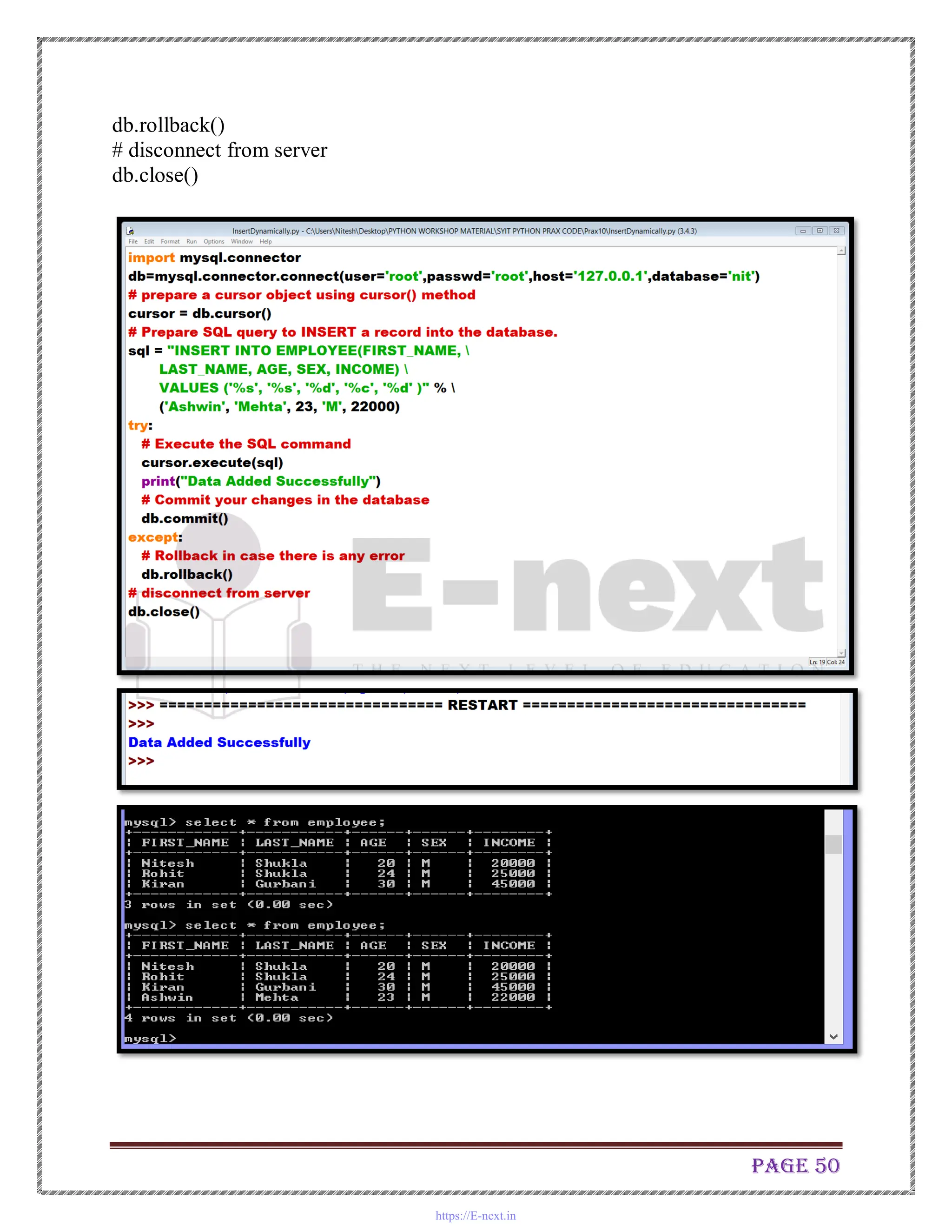 Page 50
db.rollback()
# disconnect from server
db.close()
https://E-next.in
 