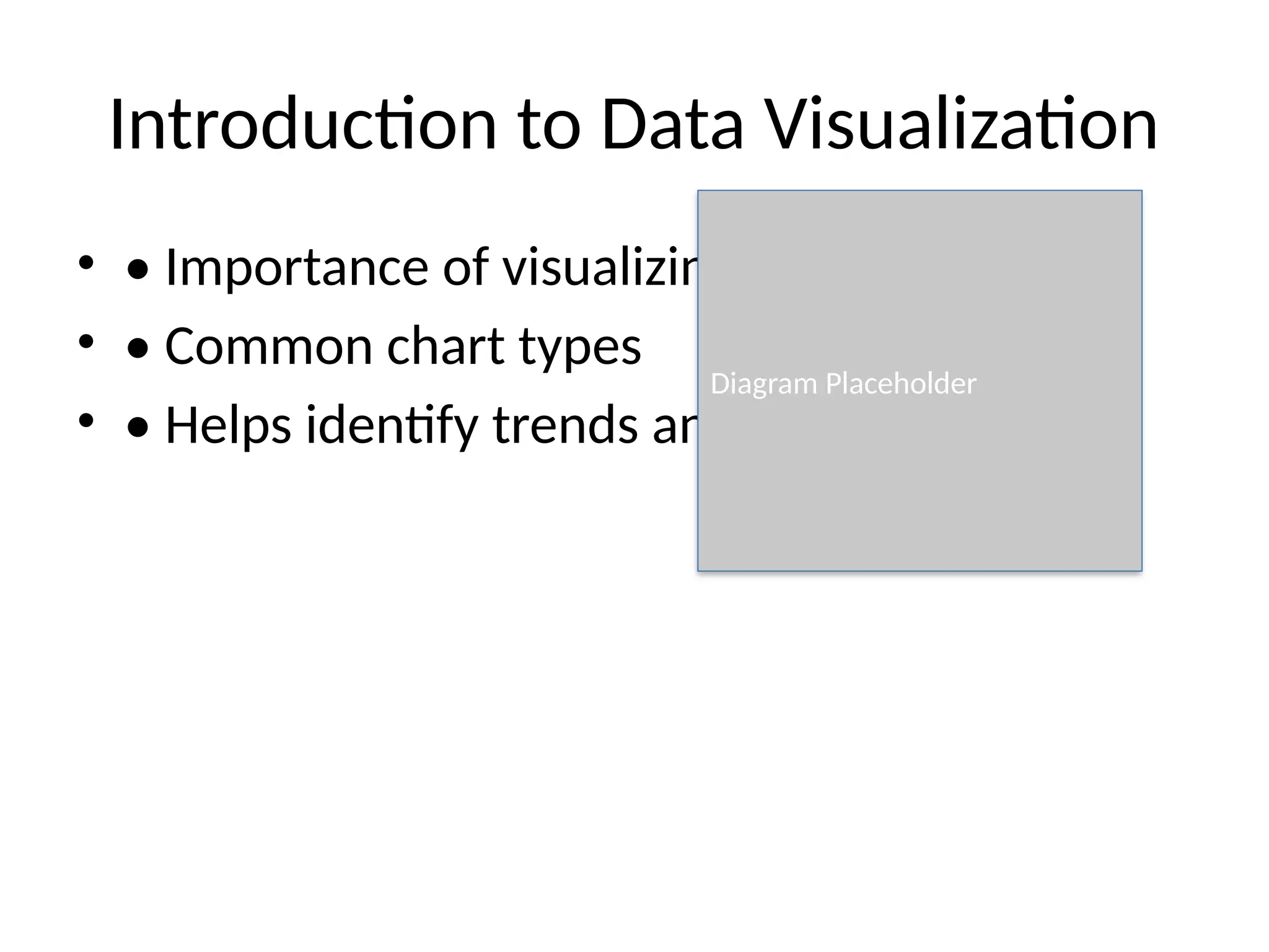 Introduction to Data Visualization
• • Importance of visualizing data
• • Common chart types
• • Helps identify trends and outliers
Diagram Placeholder
 