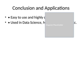 Conclusion and Applications
• • Easy to use and highly customizable
• • Used in Data Science, Machine Learning, etc.
Diagram Placeholder
 