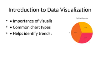 Introduction to Data Visualization
• • Importance of visualizing data
• • Common chart types
• • Helps identify trends and outliers
 