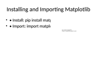 Installing and Importing Matplotlib
• • Install: pip install matplotlib
• • Import: import matplotlib.pyplot as plt
 