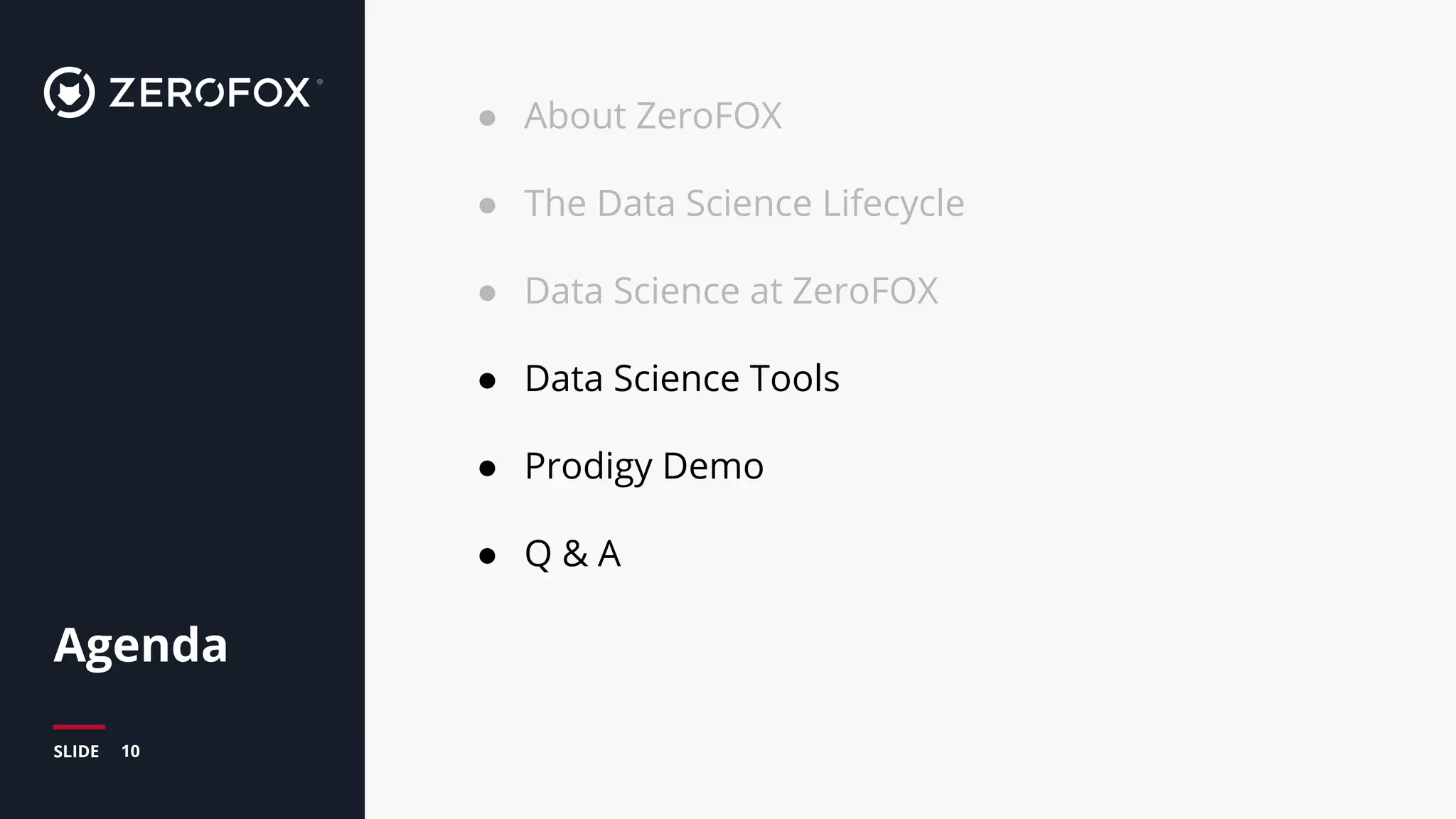 10SLIDE
Agenda
● About ZeroFOX
● The Data Science Lifecycle
● Data Science at ZeroFOX
● Data Science Tools
● Prodigy Demo
● Q & A
 
