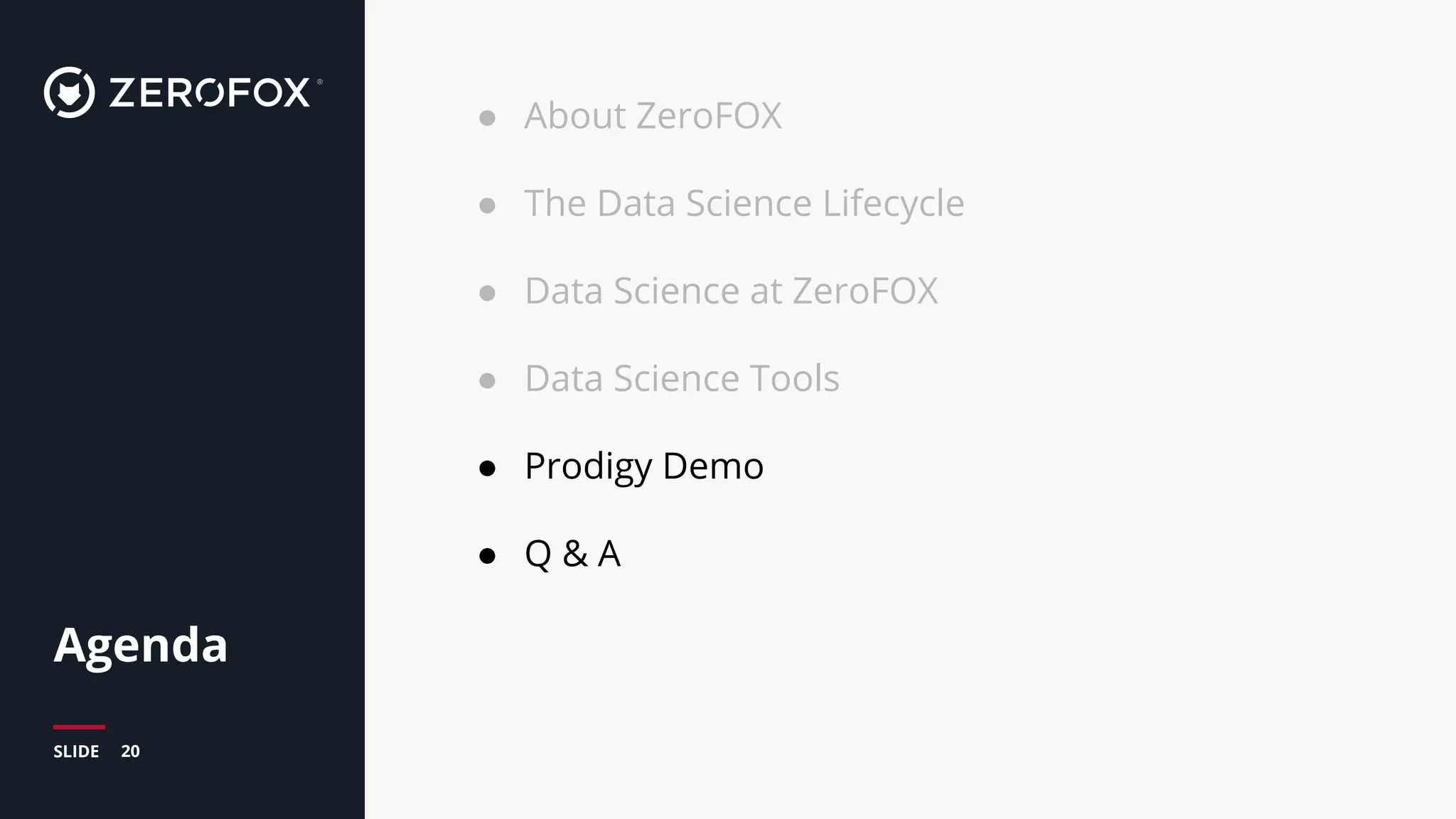 20SLIDE
Agenda
● About ZeroFOX
● The Data Science Lifecycle
● Data Science at ZeroFOX
● Data Science Tools
● Prodigy Demo
● Q & A
 