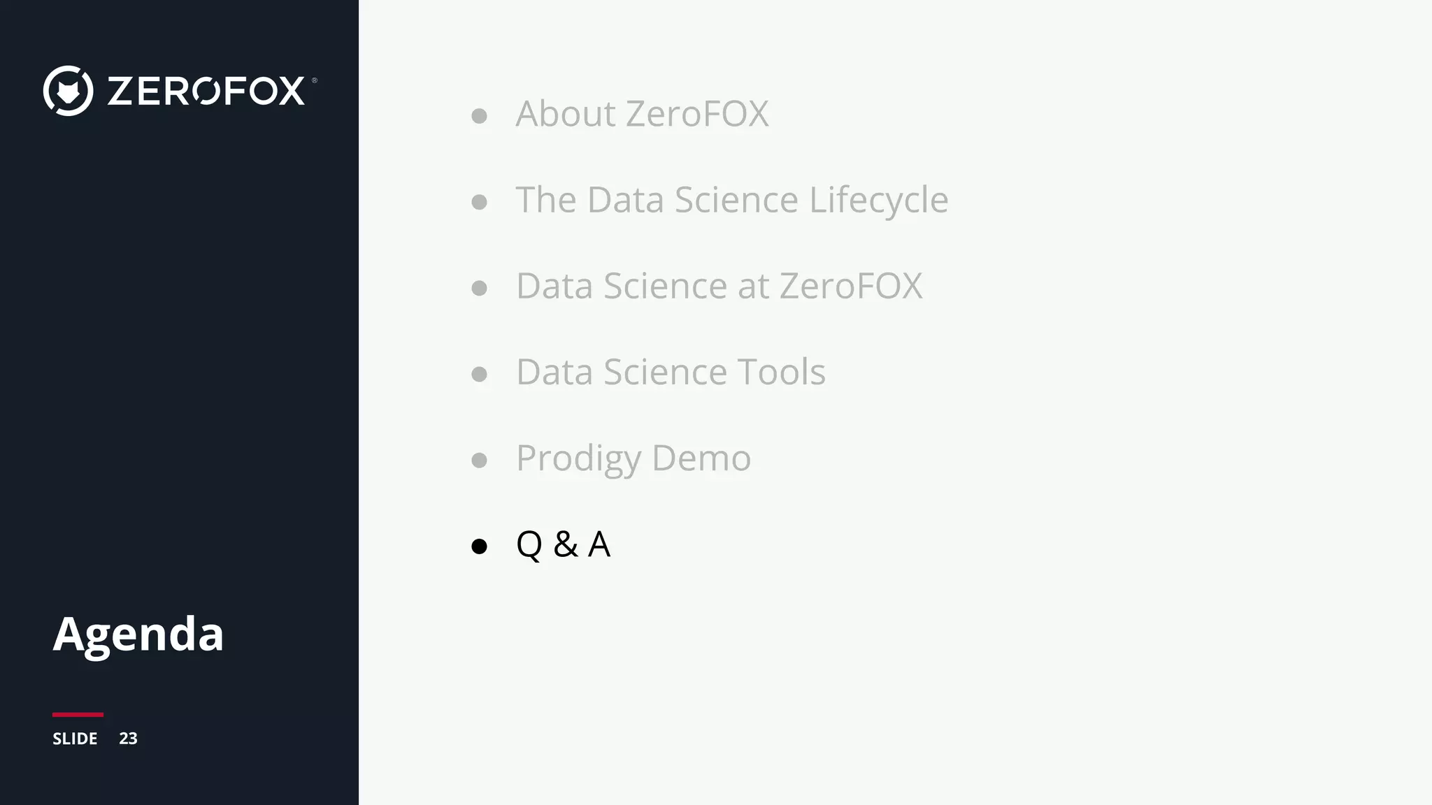 23SLIDE
Agenda
● About ZeroFOX
● The Data Science Lifecycle
● Data Science at ZeroFOX
● Data Science Tools
● Prodigy Demo
● Q & A
 
