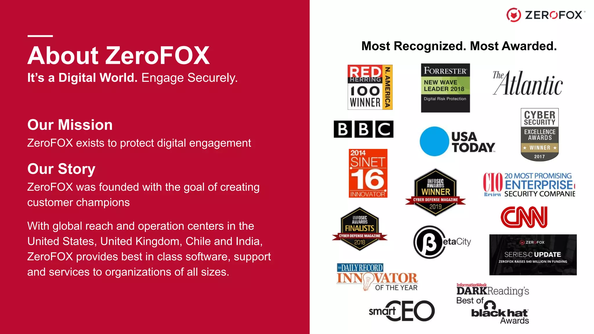 3
About ZeroFOX
It’s a Digital World. Engage Securely.
Our Mission
ZeroFOX exists to protect digital engagement
Our Story
ZeroFOX was founded with the goal of creating
customer champions
With global reach and operation centers in the
United States, United Kingdom, Chile and India,
ZeroFOX provides best in class software, support
and services to organizations of all sizes.
Most Recognized. Most Awarded.
 