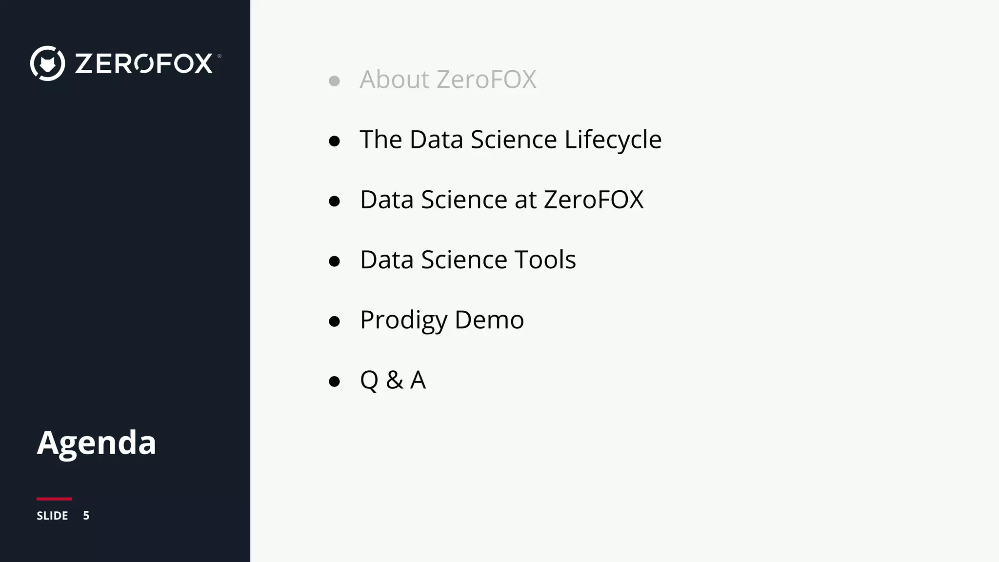 5SLIDE
Agenda
● About ZeroFOX
● The Data Science Lifecycle
● Data Science at ZeroFOX
● Data Science Tools
● Prodigy Demo
● Q & A
 