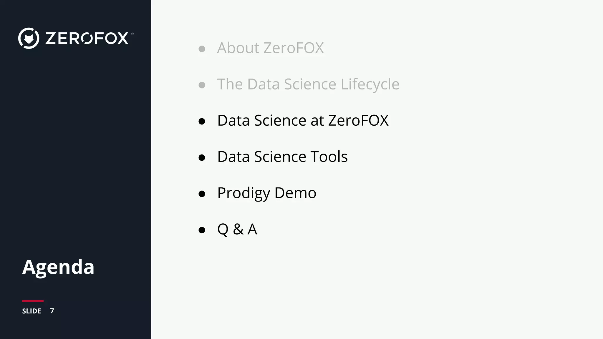 7SLIDE
Agenda
● About ZeroFOX
● The Data Science Lifecycle
● Data Science at ZeroFOX
● Data Science Tools
● Prodigy Demo
● Q & A
 