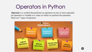 Operator is a symbol that performs an operation on one or more operands.
An operand is a variable or a value on which we perform the operation.
There are 7 types of operators
22
 