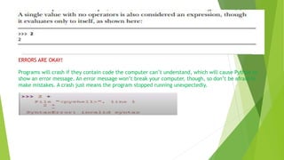 ERRORS ARE OKAY!
Programs will crash if they contain code the computer can’t understand, which will cause Python to
show an error message. An error message won’t break your computer, though, so don’t be afraid to
make mistakes. A crash just means the program stopped running unexpectedly.
 