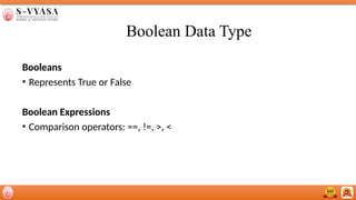 Boolean Data Type
Booleans
• Represents True or False
Boolean Expressions
• Comparison operators: ==, !=, >, <
 
