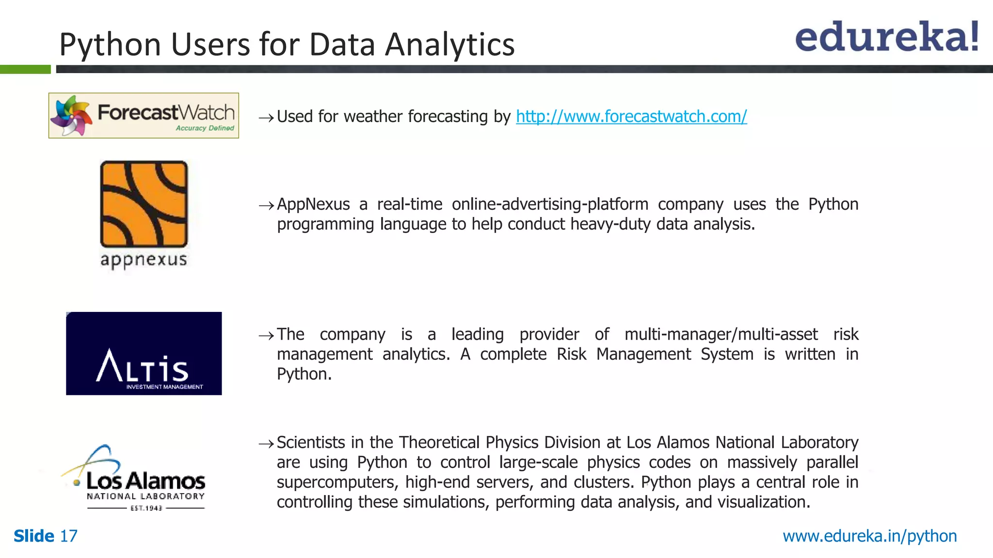 Slide 17 www.edureka.in/python
Python Users for Data Analytics
Used for weather forecasting by http://www.forecastwatch.com/
AppNexus a real-time online-advertising-platform company uses the Python
programming language to help conduct heavy-duty data analysis.
The company is a leading provider of multi-manager/multi-asset risk
management analytics. A complete Risk Management System is written in
Python.
Scientists in the Theoretical Physics Division at Los Alamos National Laboratory
are using Python to control large-scale physics codes on massively parallel
supercomputers, high-end servers, and clusters. Python plays a central role in
controlling these simulations, performing data analysis, and visualization.
 
