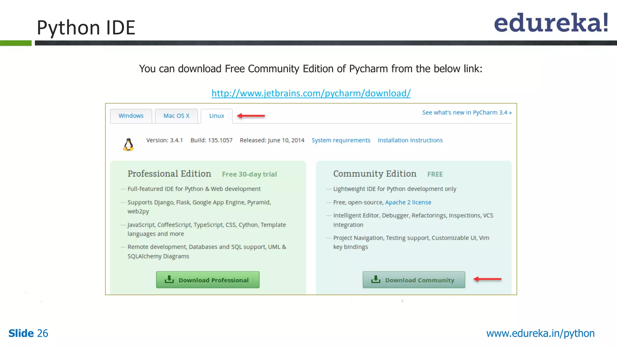 Slide 26 www.edureka.in/python
You can download Free Community Edition of Pycharm from the below link:
http://www.jetbrains.com/pycharm/download/
Python IDE
 