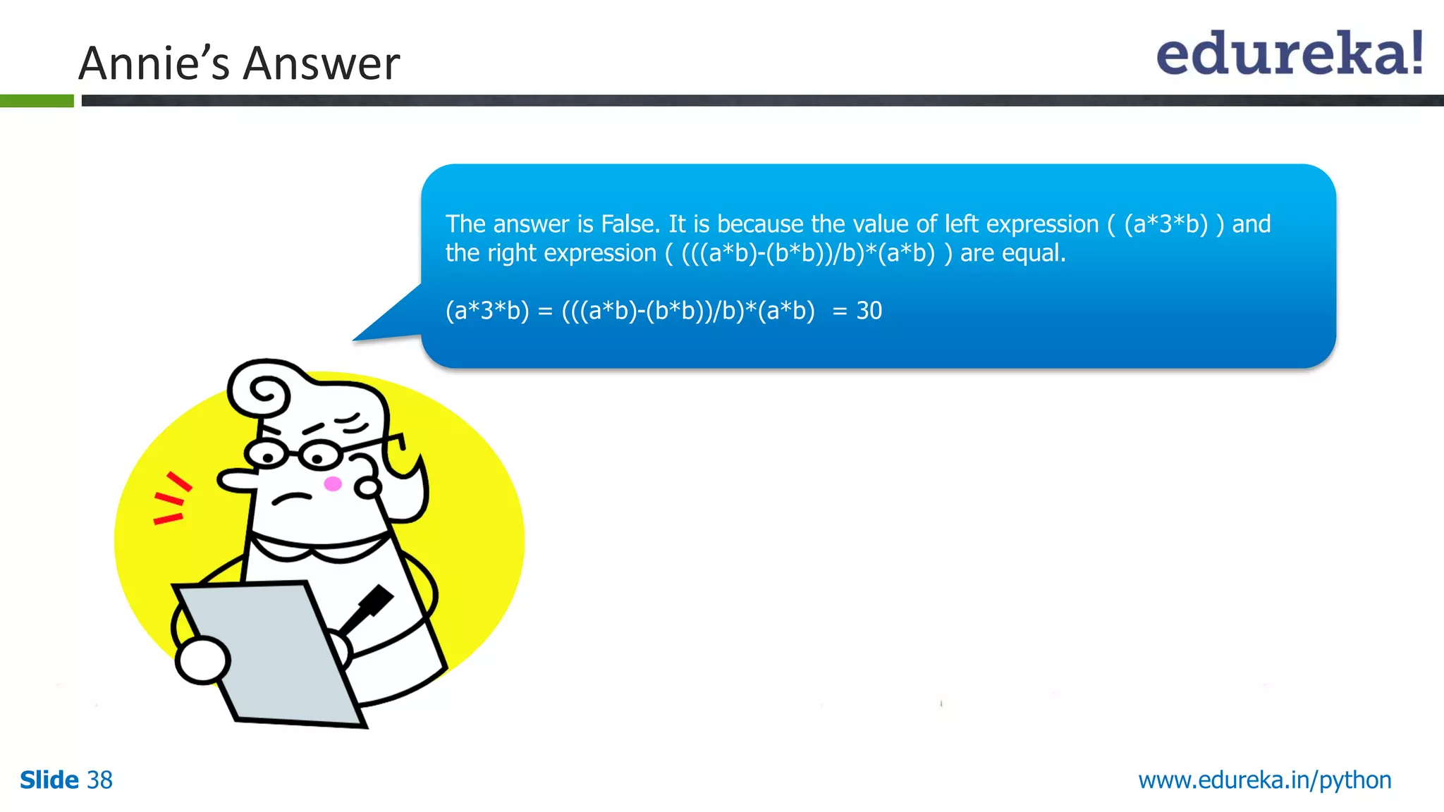 Slide 38 www.edureka.in/python
Annie’s Answer
The answer is False. It is because the value of left expression ( (a*3*b) ) and
the right expression ( (((a*b)-(b*b))/b)*(a*b) ) are equal.
(a*3*b) = (((a*b)-(b*b))/b)*(a*b) = 30
 