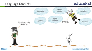 Slide 21 www.edureka.in/python
Dynamic
Interpreted
Language Features
YOU’RE FLYING!
HOW??
PYTHON
Highly
Readable
Object-
oriented Interactive
Functional
 