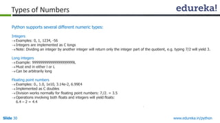 Slide 30 www.edureka.in/python
Python supports several different numeric types:
Integers
Examples: 0, 1, 1234, -56
Integers are implemented as C longs
Note: Dividing an integer by another integer will return only the integer part of the quotient, e.g. typing 7/2 will yield 3.
Long integers
Example: 999999999999999999999L
Must end in either l or L
Can be arbitrarily long
Floating point numbers
Examples: 0., 1.0, 1e10, 3.14e-2, 6.99E4
Implemented as C doubles
Division works normally for floating point numbers: 7./2. = 3.5
Operations involving both floats and integers will yield floats:
6.4 – 2 = 4.4
Types of Numbers
 