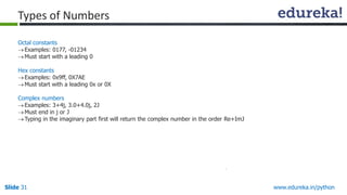 Slide 31 www.edureka.in/python
Octal constants
Examples: 0177, -01234
Must start with a leading 0
Hex constants
Examples: 0x9ff, 0X7AE
Must start with a leading 0x or 0X
Complex numbers
Examples: 3+4j, 3.0+4.0j, 2J
Must end in j or J
Typing in the imaginary part first will return the complex number in the order Re+ImJ
Types of Numbers
 