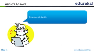 Slide 41 www.edureka.in/python
Annie’s Answer
The answer is 6, 0 and 6.
 