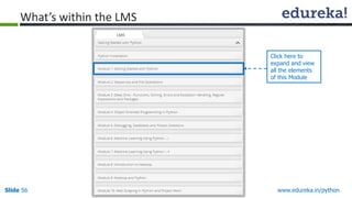 Slide 56 www.edureka.in/python
What’s within the LMS
Click here to
expand and view
all the elements
of this Module
 
