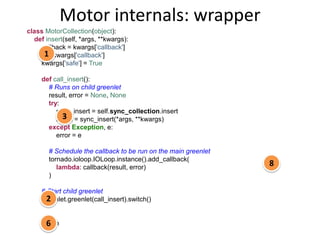 Motor internals: wrapper
class MotorCollection(object):
  def insert(self, *args, **kwargs):
    callback = kwargs['callback']
     1
    del kwargs['callback']
    kwargs['safe'] = True

     def call_insert():
       # Runs on child greenlet
       result, error = None, None
       try:
          sync_insert = self.sync_collection.insert
            3
          result = sync_insert(*args, **kwargs)
       except Exception, e:
          error = e

       # Schedule the callback to be run on the main greenlet
       tornado.ioloop.IOLoop.instance().add_callback(
          lambda: callback(result, error)
                                                                8
       )

     # Start child greenlet
       2
     greenlet.greenlet(call_insert).switch()


       6
     return
 