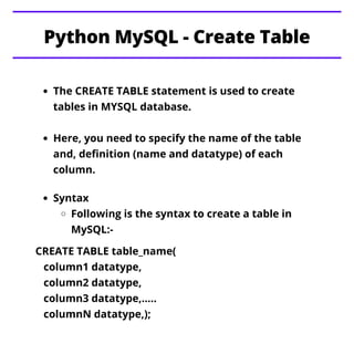 The CREATE TABLE statement is used to create
tables in MYSQL database.
Here, you need to specify the name of the table
and...