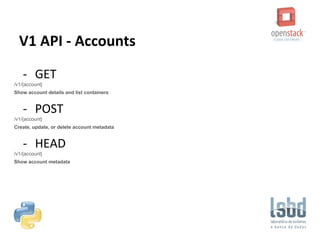 V1 API - Accounts
- GET
/v1/​{account}​
Show account details and list containers
- POST
/v1/​{account}​
Create, update, or delete account metadata
- HEAD
/v1/​{account}​
Show account metadata
 