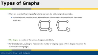 python networkx library – quick start guide
There are several different types of graphs to represent the relationship between nodes:
Undirected graph, Directed graph, Weighted graph, Planar graph, Orthogonal graph, Grid-based
graph, etc.
The degree of a vertex is the number of edges incident to it.
For directed graphs, out-degree measure is the number of outgoing edges, while in-degree measure is the
number of incoming edges.
Types of Graphs
 