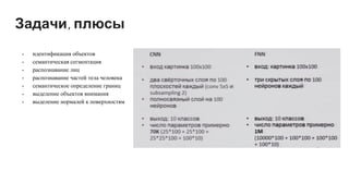 Задачи, плюсы
- идентификация объектов
- семантическая сегментация
- распознавание лиц
- распознавание частей тела человека
- семантическое определение границ
- выделение объектов внимания
- выделение нормалей к поверхностям
 